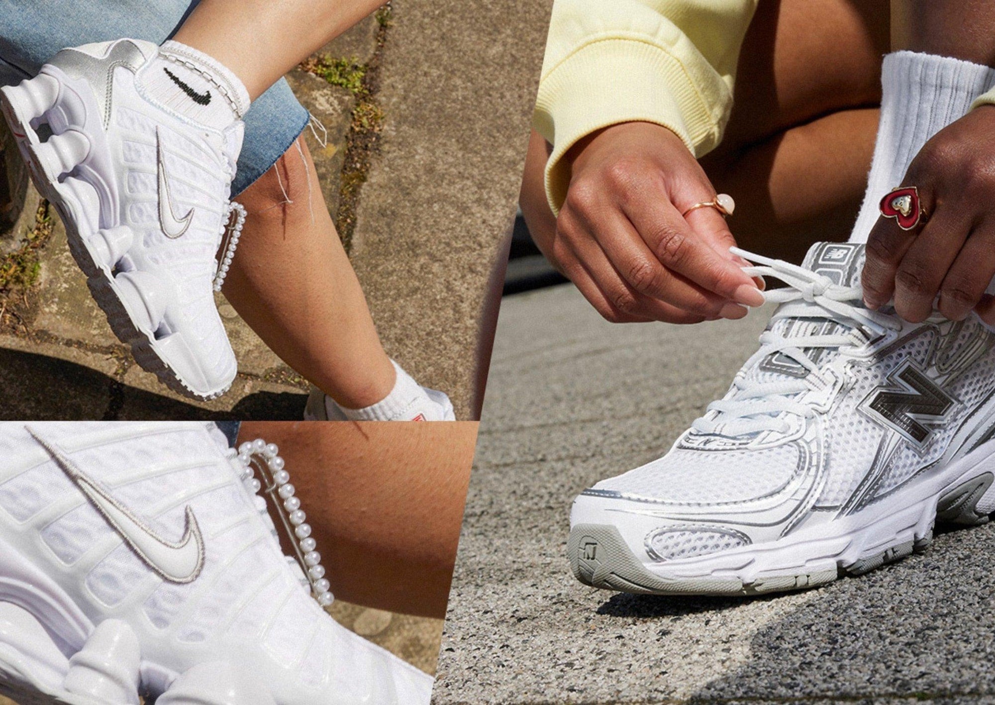 3 shoes picture with one person tying shoelaces